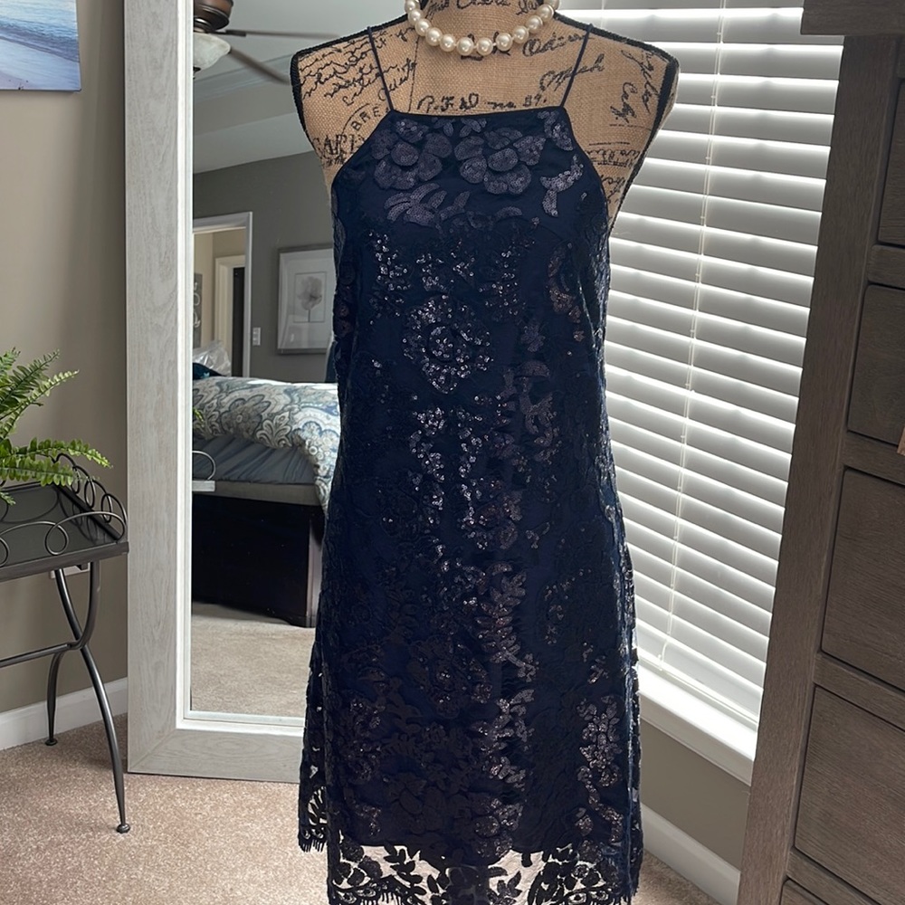 🔥NWT🔥 - Anthropologie lucyparts blue sparkly spaghetti strap navy dress size 8